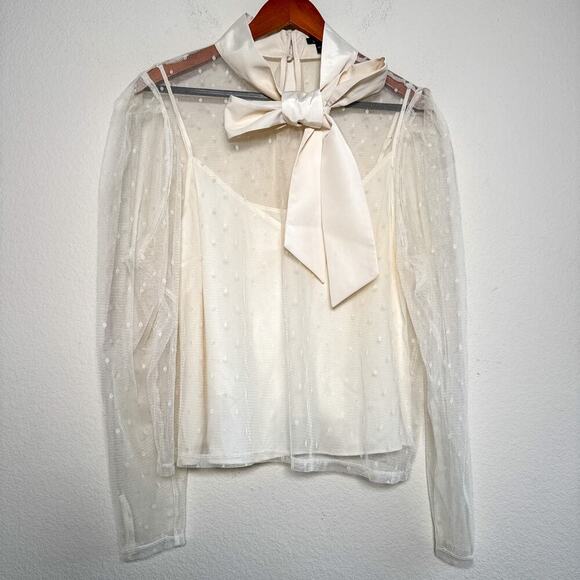 Express Ivory Sheer Swiss Dot Mesh Bow Tie Blouse Long Sleeve Top XL - Picture 2 of 9